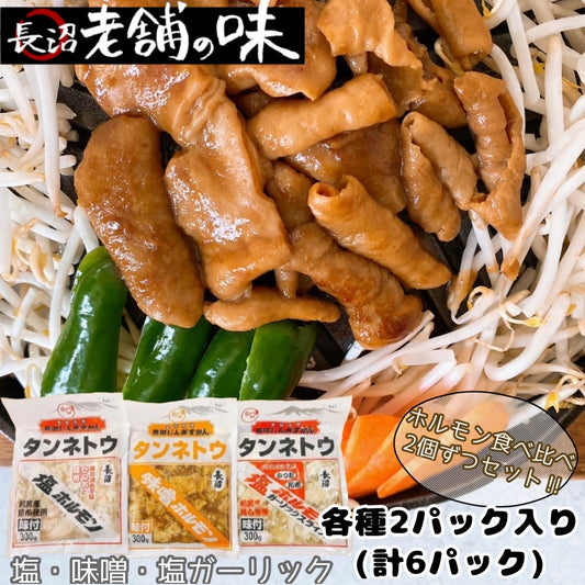 ホルモン食べ比べ2個ずつセット！塩・味噌・塩ガーリック（300ｇ×6パック）
